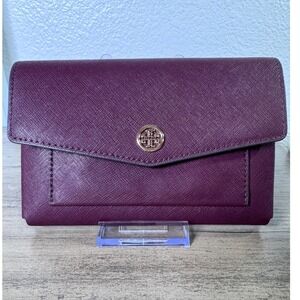 Tory Burch Robinson Continental Wallet Leather Plum Gold-Tone Logo‎
